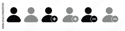 Manage users with add and remove icons in black and gray, perfect for user interface design and web development