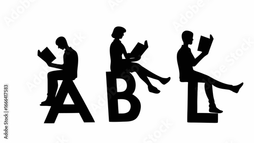 Silhouettes of people reading books while sitting on the letters a b and l in a black and white image