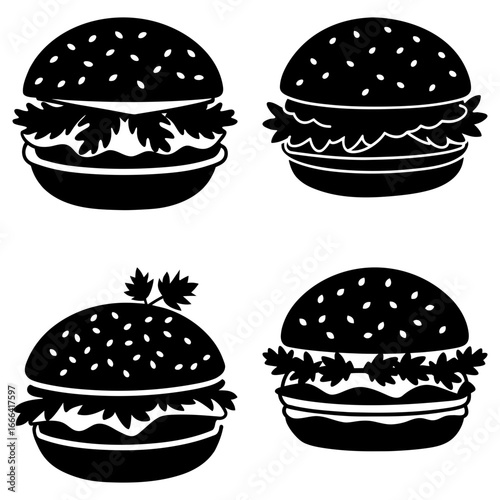 Four black and white burger illustrations with sesame seed buns and various toppings displayed