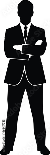 Vector art of a silhouette of a confident businessman in a suit with arms crossed