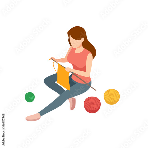 Vector flat icon of person knitting with yarn and needles