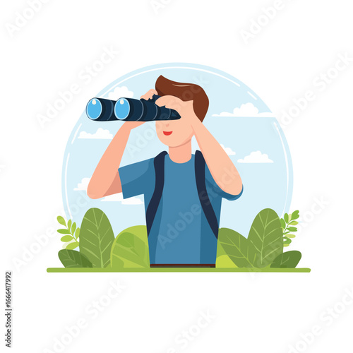 Vector flat illustration of person birdwatching with binoculars