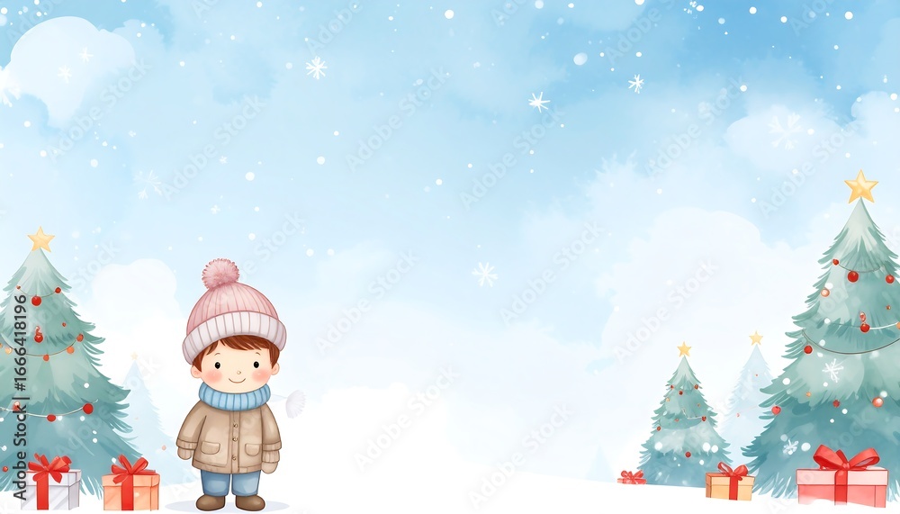 Obraz premium Child in winter wonderland, cute illustration