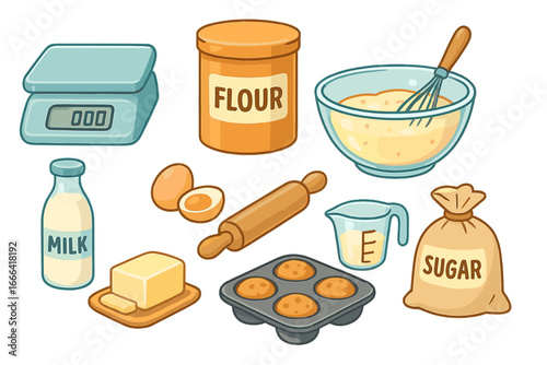 Baking ingredients and kitchen tools set for cooking pastry. Vector illustration. Food preparation icons. Flour, sugar, egg, milk, butter, rolling pin, whisk, scale. Homemade dessert.