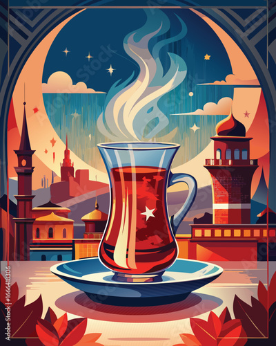 Turkish Tea Vector Illustration for Republic Day. A premium graphic with a traditional glass and a star and crescent steam symbol