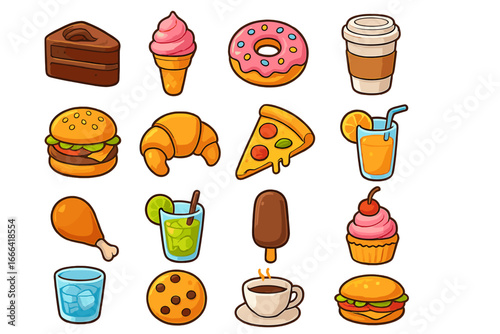 Big food icon collection. Cartoon vector set of fast food, drinks and sweets. Burger, pizza, donut, cake, coffee, ice cream, juice. Meal and beverage sticker pack isolated.