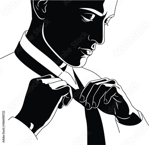 Vector art of a silhouette of a man in a suit adjusting his tie, conveying elegance, professionalism, and a sense of modern sophistication