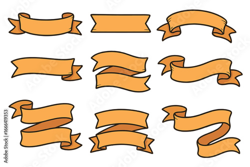 Set of cartoon ribbon banners. Hand-drawn blank scrolls and labels for design. Vector collection of vintage decorative elements. Empty orange title headers templates isolated.