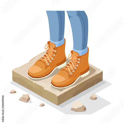 Vector retro cartoon close-up of hiker’s boots stepping on rocks, angled from below
