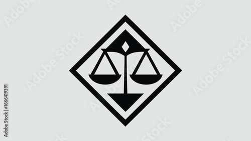 Black scales of justice symbol centered within a black diamond shape on a light gray background