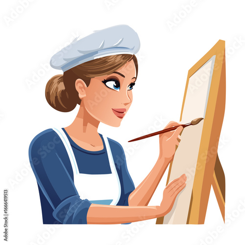 Vector retro cartoon painter close-up, 3/4 view of face concentrating on canvas
