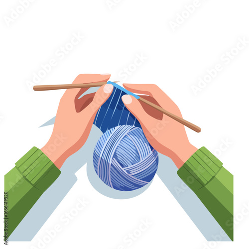 Vector retro cartoon knitting hands close-up with yarn and needles