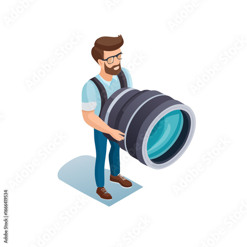 Vector retro cartoon photographer close-up with giant lens