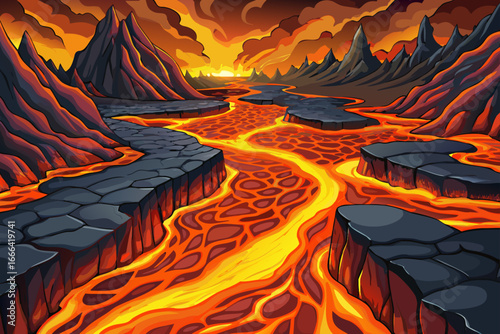 A molten lava river flows through a dark volcanic canyon, glowing like fire against black rocks, creating a dramatic and fiery natural landscape.