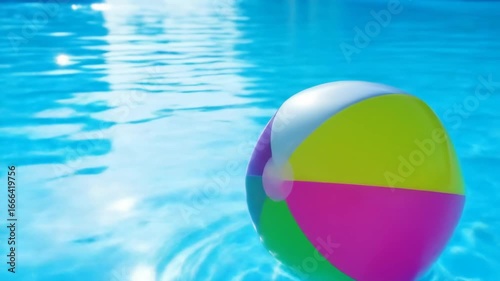 Colorful Beach Ball Floating Gently on the Surface of Clear Blue Swimming Pool Water on a Sunny Summer Day