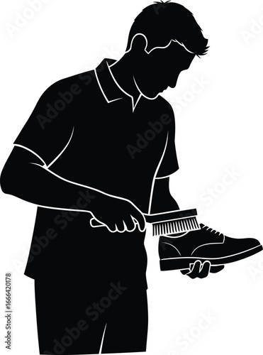 Vector art of a silhouette of a man polishing a shoe, perfect for fashion, care, or maintenance themed designs