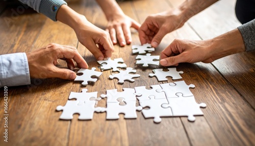 Team Collaboration Solving Puzzle On Wooden Floor