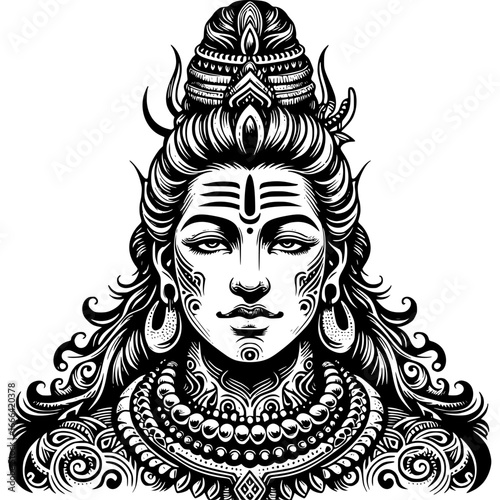 Divine Depiction: An intricately detailed illustration showcases a revered deity, embodying serenity, strength, and spiritual depth in a black-and-white rendering. 