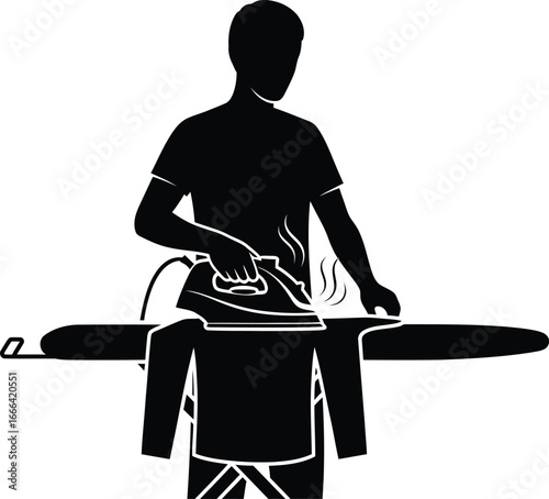 Vector art of a silhouette of a man ironing clothes on an ironing board, a simple and minimalist design for various creative applications
