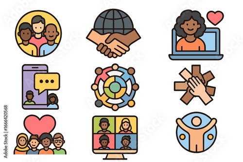 Diverse icons of community, connection, inclusivity. Vector concepts for teamwork, remote work, global business, online communication, social unity and collaboration.