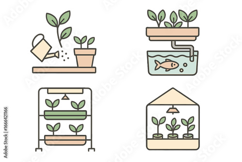 Indoor gardening vector icon set. Aquaponics system with fish, vertical hydroponic farm. Home planting concept. Greenhouse with grow light. Minimal illustrations. Urban farming.