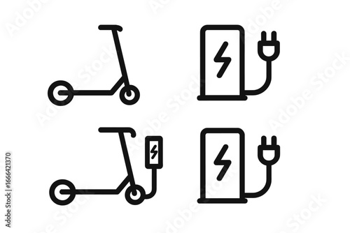 Electric scooter charging station icon set. E-scooter rental concept with plug and power symbol. Eco friendly urban mobility and green energy transport. Minimalist line art vector.