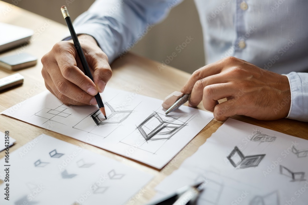 Naklejka premium Logo design process sketching ideas concept creative designer hand drawing with pencil art
