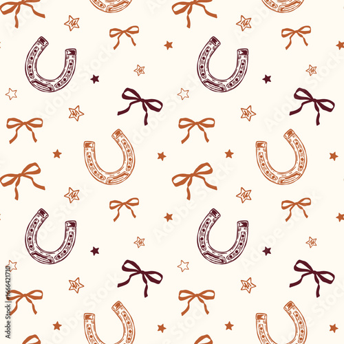 Hand drawn vector seamless wild west pattern featuring horseshoes, stars and bows. Fun western design, perfect for t-shirts, posters, stickers and backgrounds