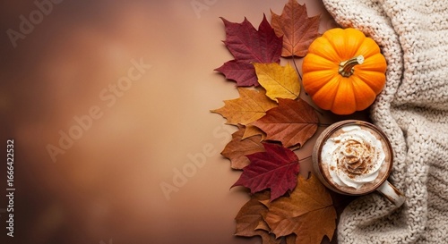 Fototapeta Naklejka Na Ścianę i Meble -  Cozy autumn scene with pumpkin spice latte, maple leaves, and warm sweater.