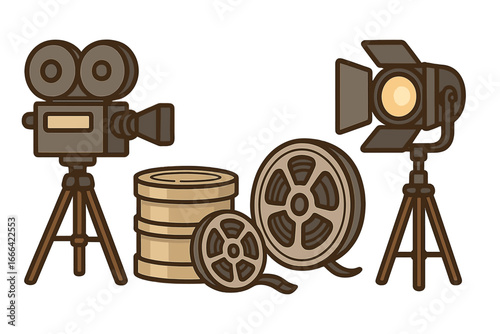 Vintage film equipment set. Movie production camera, reel, and lighting. Cinematic concept. Retro hollywood filmmaking. Old movie camera on tripod. Cinema studio spotlight vector.