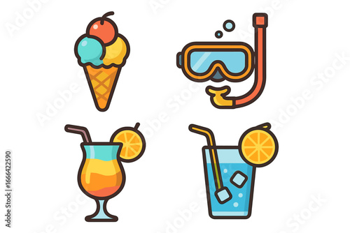 Summer beach vacation icon set with ice cream, snorkel mask, and cocktails. Vector illustration collection of fun holiday leisure activities, food and drinks for travel design.