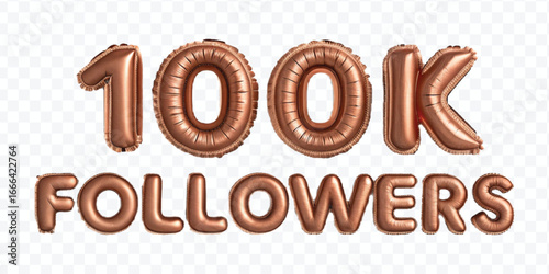 realistic 3d 100K FOLLOWERS typography made by with different colour foil balloons isolated on transparent background