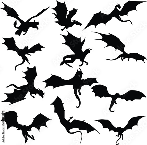 Dragon silhouette set, flying dragons, black vector, mythical creature, fantasy icon, winged beast, isolated, dynamic pose, gliding, collection