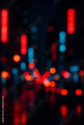 Blurred city lights bokeh at night with glowing neon red and blue dots. A vertical modern urban background, ideal for reels, stories, and stylish creative design projects.