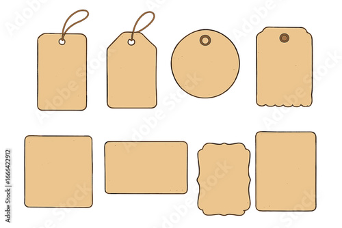 Collection of vintage blank paper tags and cards. Retro kraft paper texture labels. Price tag, gift card, and empty sticker set. Vector illustration for creative projects and crafts.