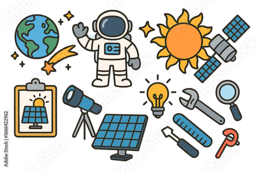 Space exploration icon set. Astronaut, solar panel energy, earth and sun cartoon doodle. Science research, satellite, telescope and tools vector collection. Astronomy graphic.