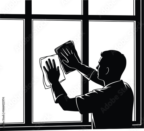 Vector art of a silhouette of a man cleaning a window with a sponge, depicting a professional cleaning service