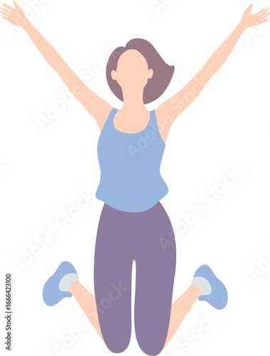 Woman jumping with arms raised high. Flat vector illustration.