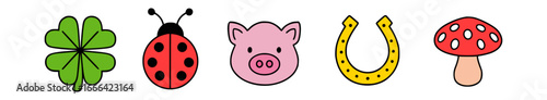 Fünf Glücksbringer: Kleeblatt, Marienkäfer, Glücksschwein, Hufeisen, Glückspilz, Illustration, Vektor