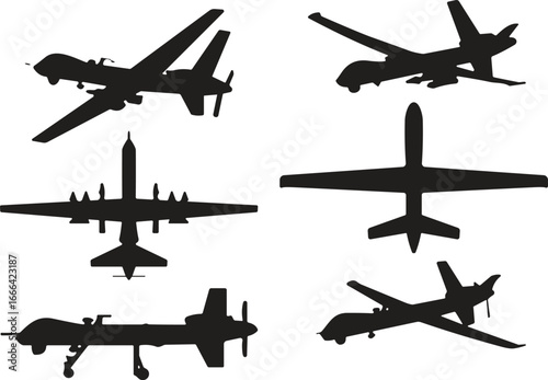Drone silhouettes, UAV icons, unmanned aerial vehicle shapes, military drone graphics, surveillance aircraft profiles, black drone views, isolated UAV designs