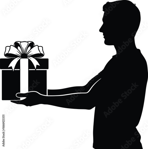 Vector art of a silhouette of a man offering a gift box with ribbon and bow