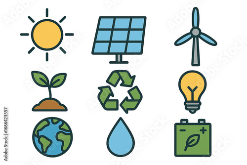 Renewable energy vector icons for sustainability. Eco friendly concepts collection. Includes solar panel, wind turbine, recycle symbol, earth globe, plant sprout, green power.