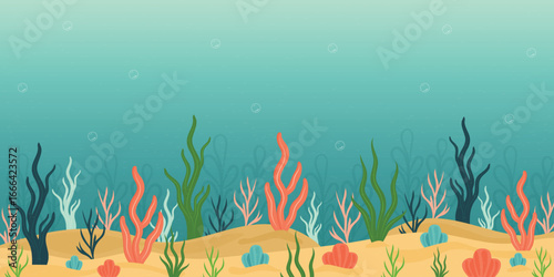 Ocean floor with seaweed and coral vector illustration.