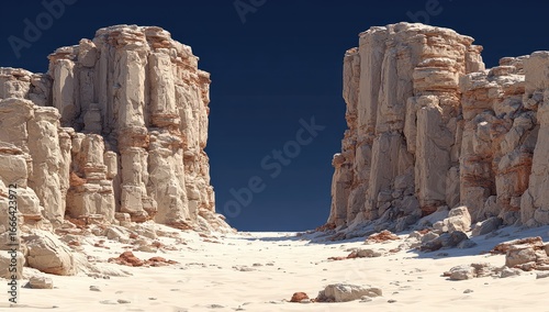 A vast, sun-drenched desert canyon.  Towering,  pale sandstone cliffs frame a  wide, sandy path