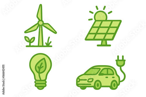 Renewable energy icon set. Green power sources concept. Solar panel, wind turbine, eco lightbulb, electric car. Sustainable technology and transportation. Environment vector.