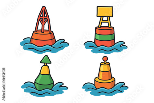 Set of colorful nautical buoys floating on sea waves. Vector cartoon illustration of maritime navigation and safety equipment. Marine channel markers collection for design.