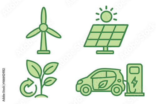 Green energy icon set. Eco friendly, renewable power source concept. Wind turbine, solar panel, electric car charging station. Sustainable transport and electricity. Ecology vector.