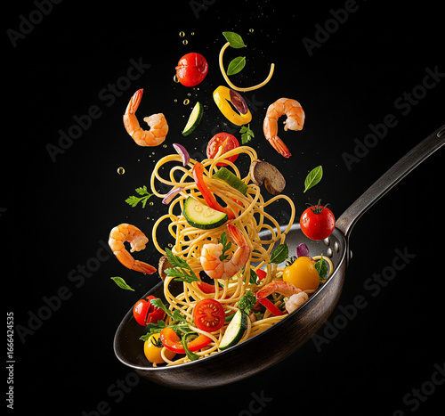 Delicious shrimp scampi pasta ingredients dynamically falling into a hot pan ready to be cooked