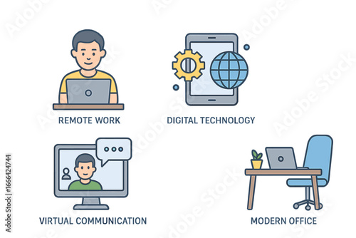 Remote work and home office icon set. Modern business concepts like virtual communication, digital technology, and telecommuting. Vector icons for freelance and webinar topics.