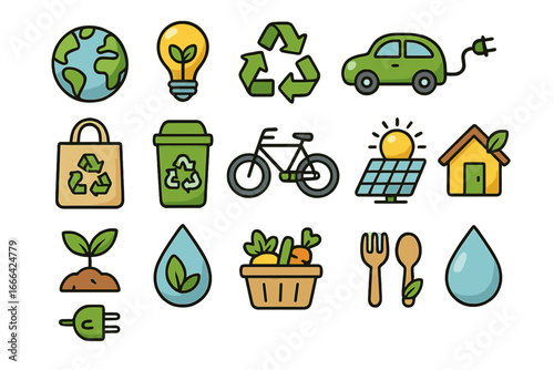 Eco-friendly icon set for sustainable living. Green energy, recycling, and conservation symbols. Ecology and environment concept. Vector illustration collection for web and print.